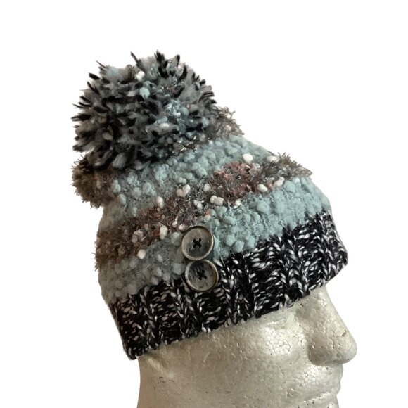 Simply Noelle Knit Pom-Pom Women Beanie Hat Blue Black Winter - Picture 1 of 6